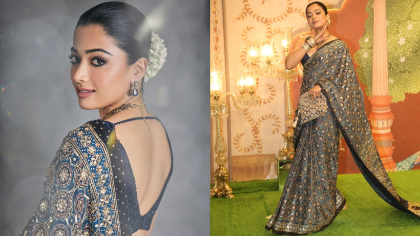 Rashmika Mandanna Stuns in Exquisite Rs. 1.28 Lakh Ajrakh Saree at Anant Ambani-Radhika Merchant's Ceremony